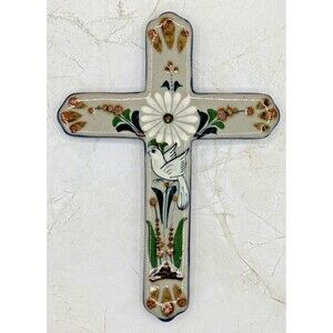 Artisan Mexican Stoneware Cross Hand Painted Floral Dove Playa Del Carmen 8" EUC